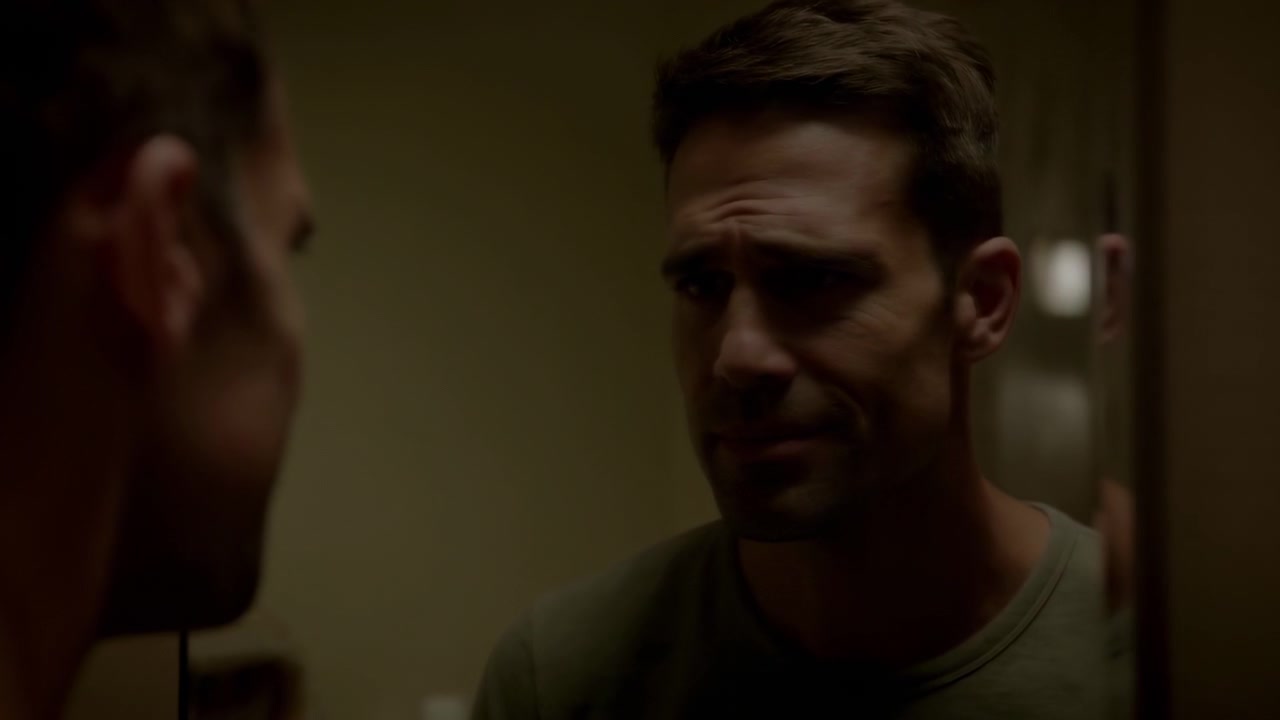 Dim Bathroom Mirror Reflection Caucasian Man Confronting Inner Doubt Tense Closeup Of Pensive Adult Male