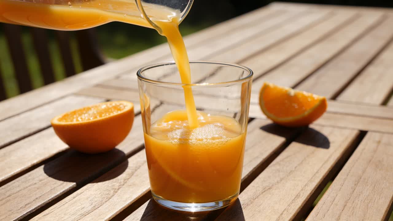 Video verticale: Mano che versa succo d'arancia, riempiendo un bicchiere sul tavolo e creando schiuma, per pubblicità alimentari.
