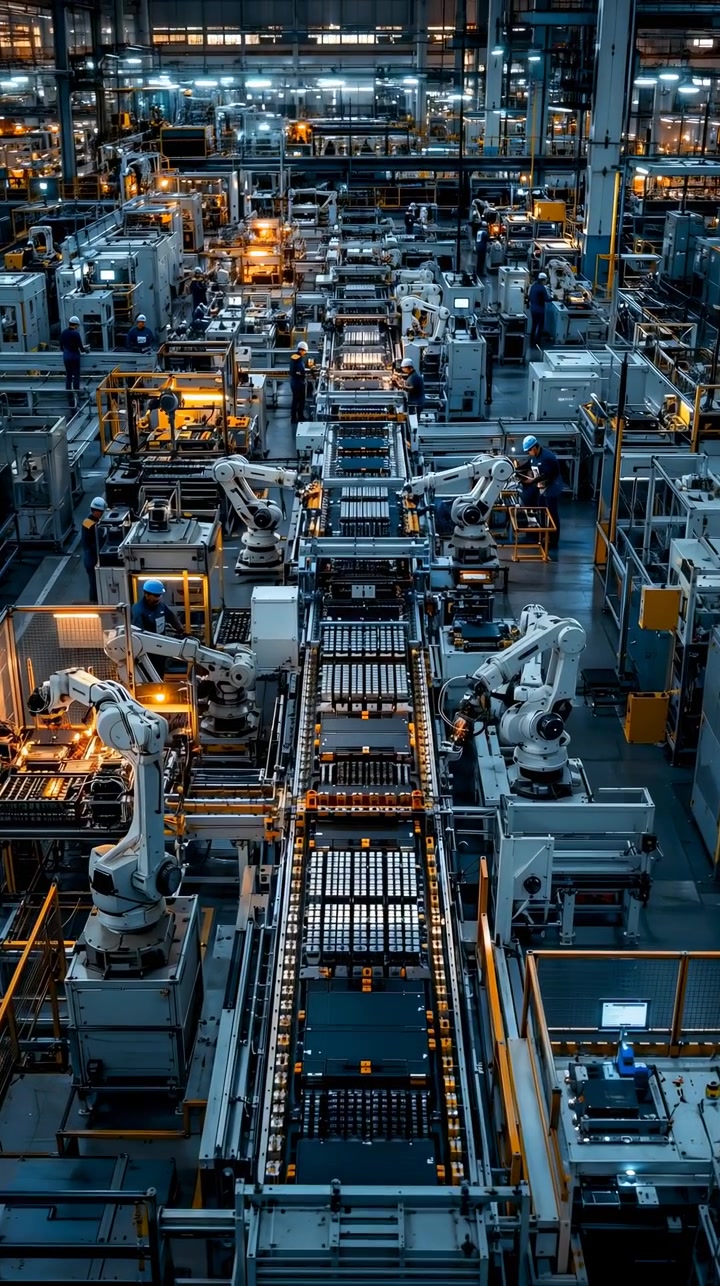 Automated production equipment fills industrial interior as machinery and conveyor paths remain visible under cool lighting, showing organized factory layout and manufacturing environment