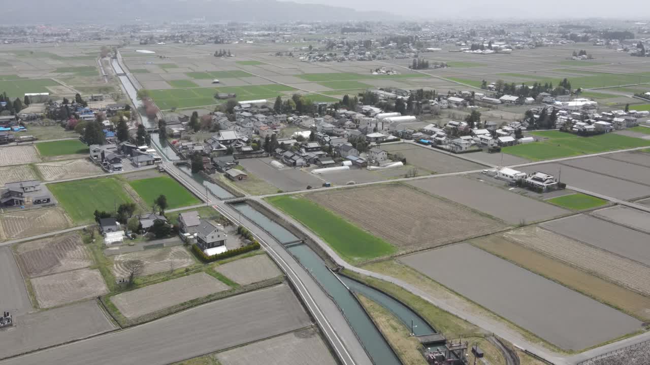 Aerial View Of Agricultural Farming Fields In Azumino Countryside, Japan. Dolly Forward