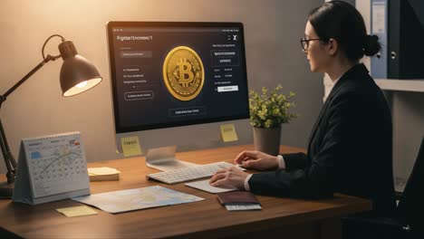a professional woman engaging with cryptocurrency on her computer, analyzing bitcoin data and trends while working in a modern office environment