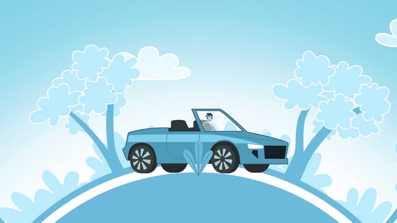 Man Driving Blue Cabriolet Car in Nature Landscape. Flat Design Cartoon Isolated Loop 2d Animation