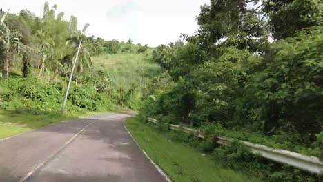 driving through a long road surrounded by grass and trees. it is a winding road away from the city. the weather is fine and sunny.
