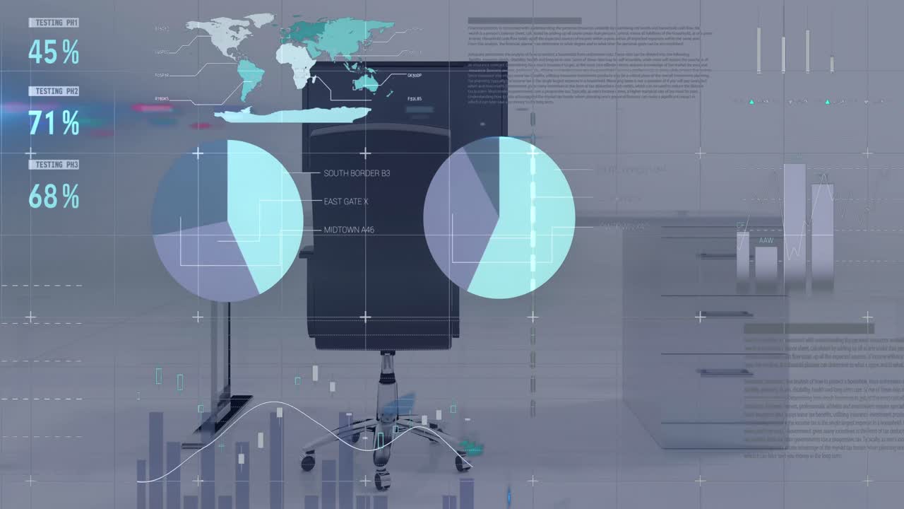 vídeo compuesto digital del procesamiento de datos estadísticos y financieros frente a una oficina vacía