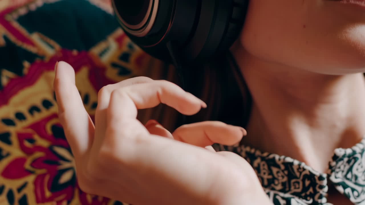 헤드폰을 들고 휴식을 취하는 여자