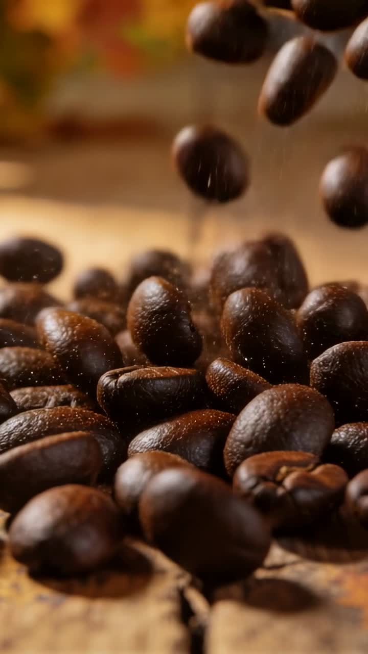 Video verticale: Versare chicchi di caffè tostati su un tavolo di legno screpolato, sollevando polvere sottile