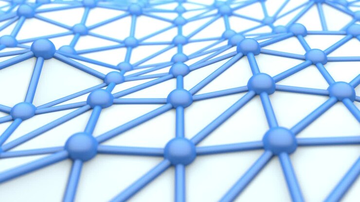 Struttura atomica molecolare geometrica, superficie blu e bianca