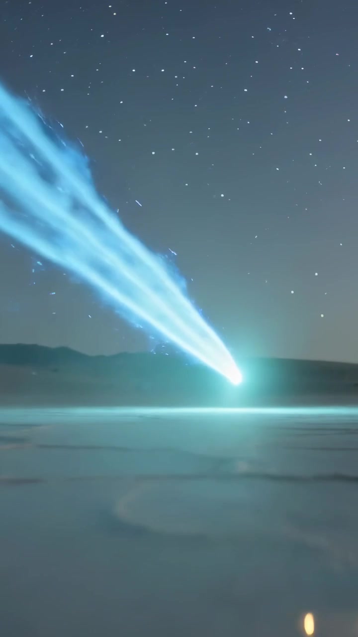 Video verticale: Meteora blu a tre scie che appare e si muove verso la piana di sale, creando un bagliore verde acqua, spazio per il testo.