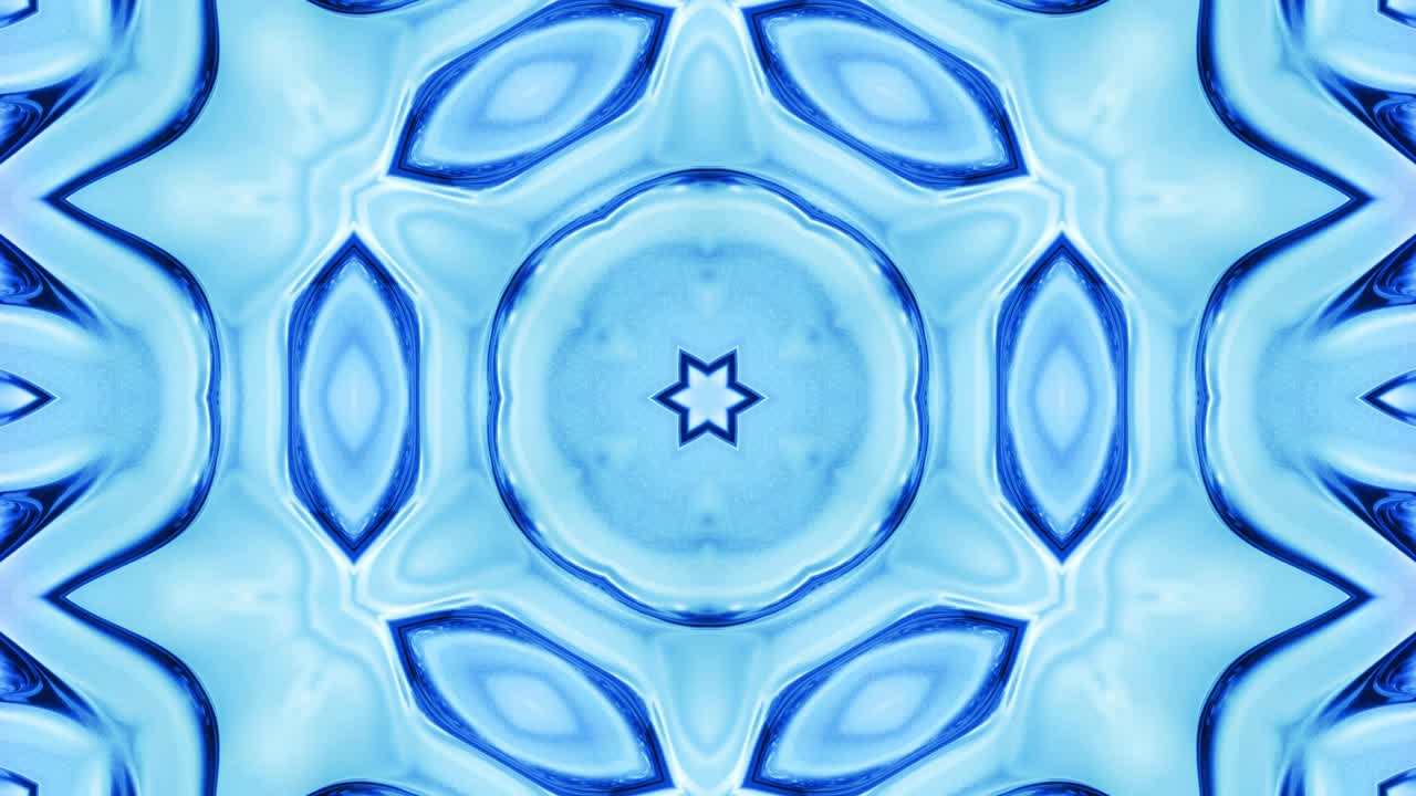 Abstract symmetric background with star symmetry. Mandala with waves. Looped abstract blue liquid background with wavy sparkling pattern, shiny glossy surface. Kaleidoscope effect