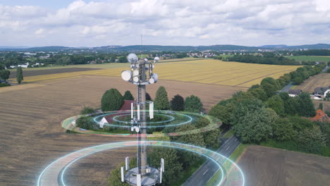 La-Torre-De-Señales-De-Red,-Conexión-Telefónica-Y-Transferencia-Envía-Ondas-De-Choque-A-Los-Datos-En-El-Paisaje-Rural