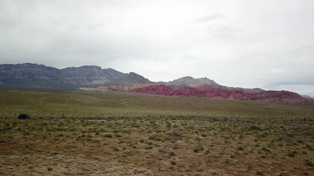전경에 선인장과 초원이 있는 붉은 바위 협곡의 붉은 바위를 향해 날아가는 공중