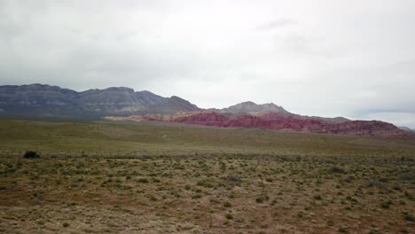 Aerial-flying-toward-the-red-rocks-at-Red-Rock-Canyon-with-cactus-and-grasslands-in-the-foreground