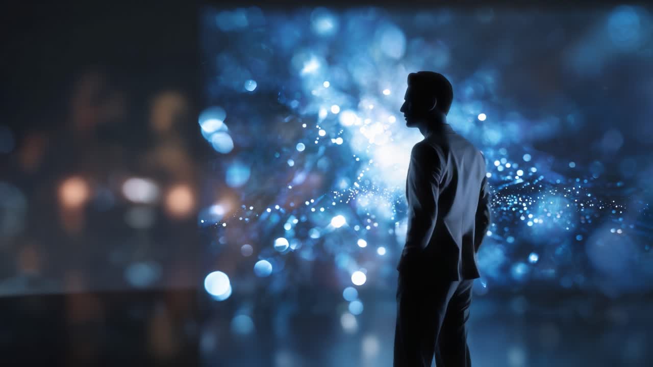Riflettere sull'innovazione: una figura in contrasto con uno sfondo dinamico di particelle di luce, a simboleggiare le possibilità future nella tecnologia e nella creatività.