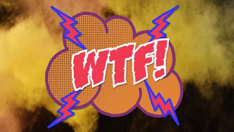 animation of wtf text and retro speech bubble over clouds