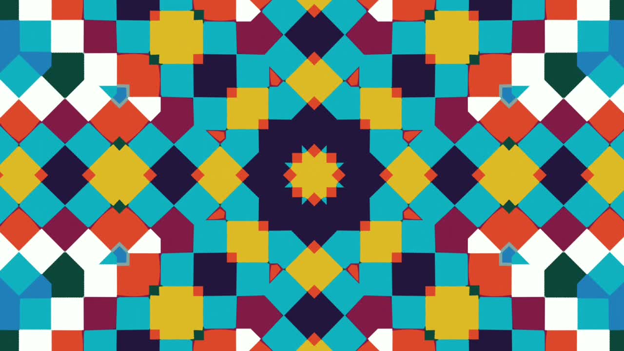 Computerized animation of small colorful boxes popping and fading in a symmetrical pattern