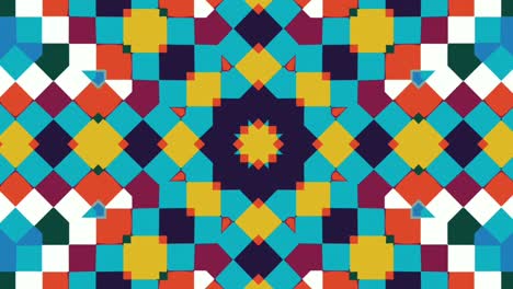 computerized animation of small colorful boxes popping and fading in a symmetrical pattern