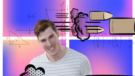 animación de un hombre caucásico feliz en fondo violeta y amarillo con graffiti y símbolos matemáticos
