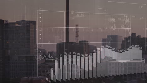 animación del procesamiento de datos financieros sobre el paisaje urbano
