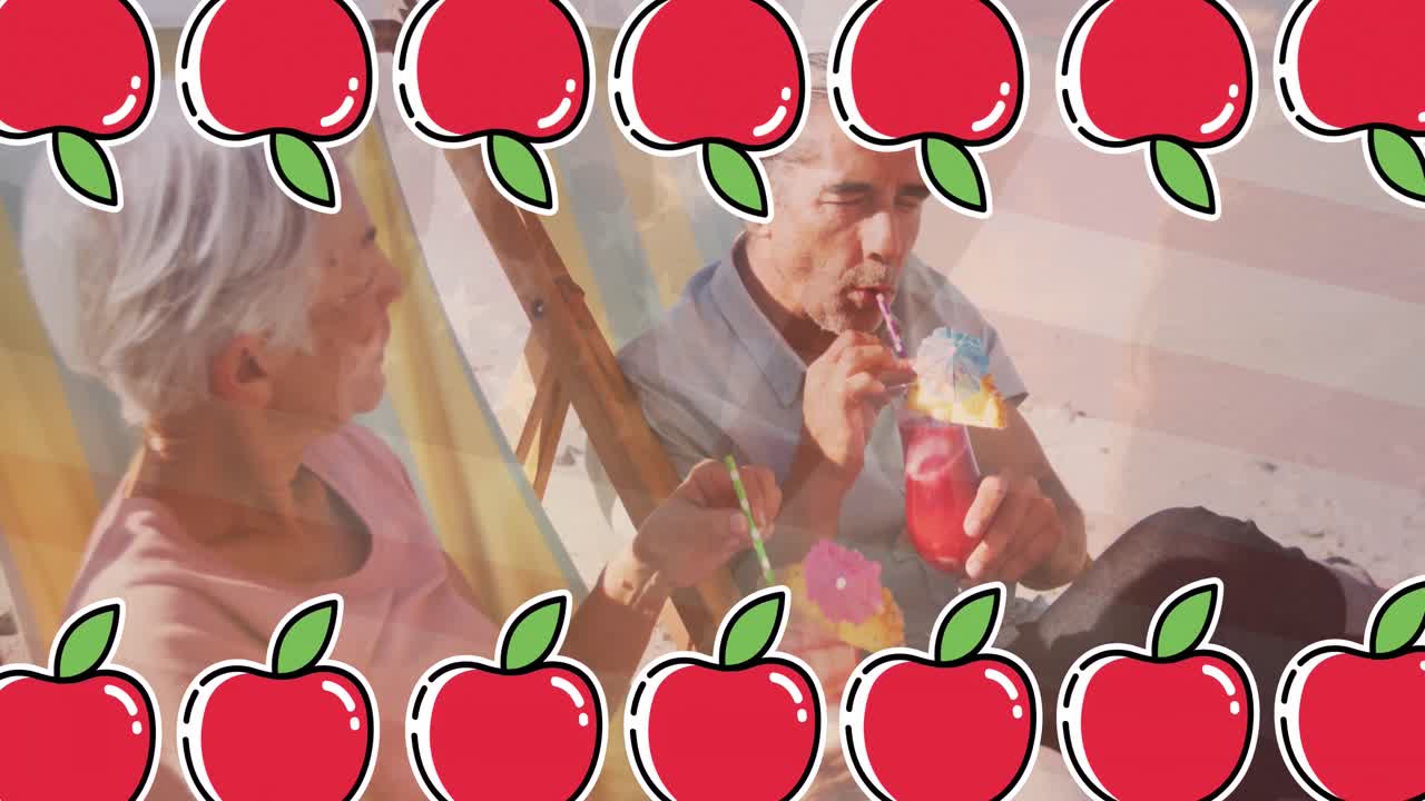 해변에서 고위 백인 부부 위에 사과 아이콘의 애니메이션.