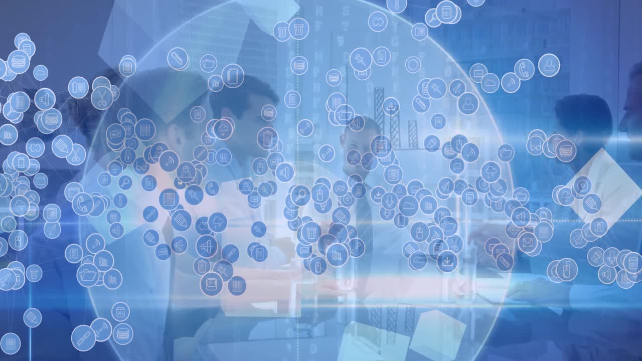 다양한 사업가들이 사무실에서 손을 흔드는 디지털 아이콘 네트워크의 애니메이션