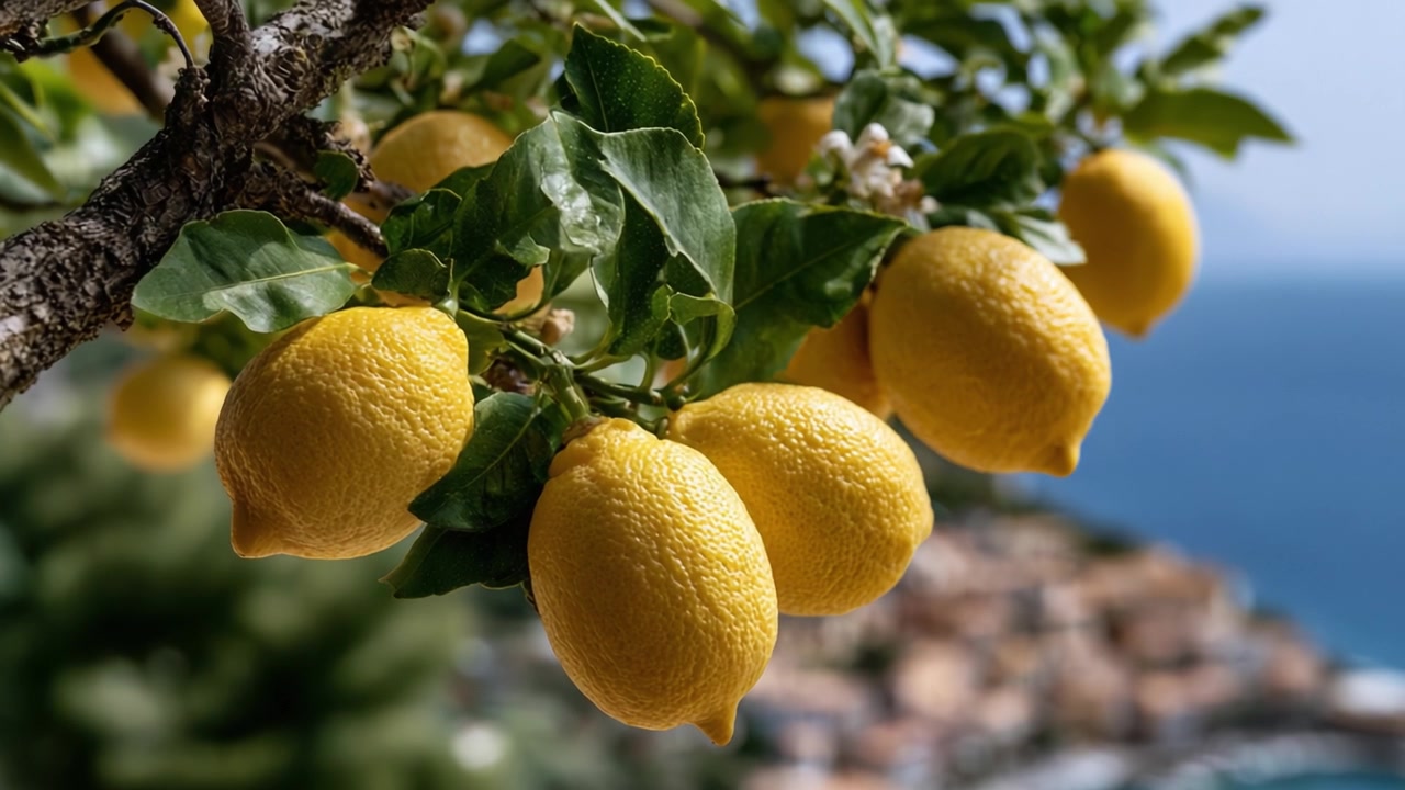 Rigoglioso albero di limoni con frutti di agrumi maturi su uno sfondo panoramico che cattura la bellezza e la vitalità dell'abbondanza della natura in armonia illuminata dal sole.