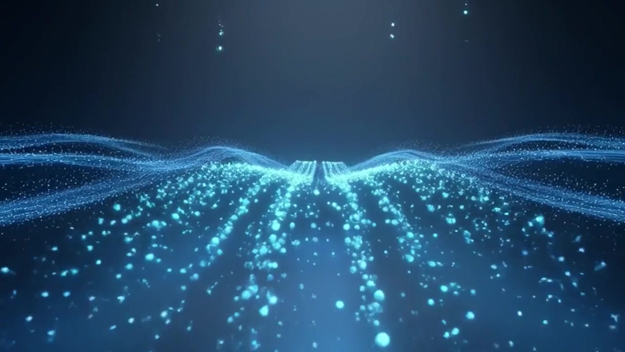 暗いデジタル空間を流れる抽象的な青い粒子