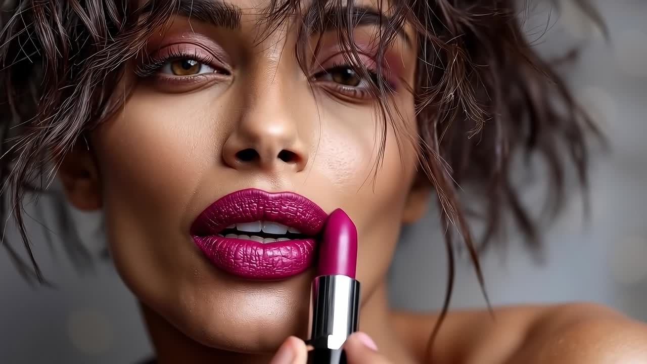 A woman holding a lipstick in her hand