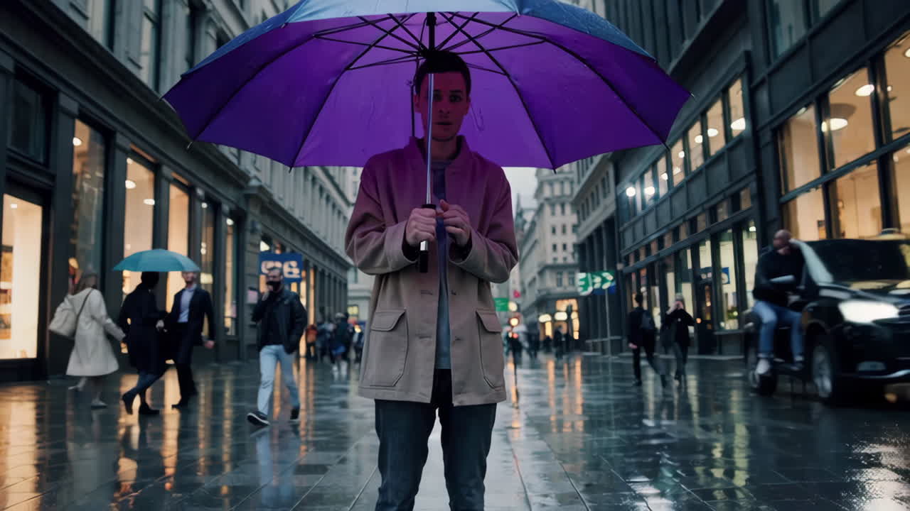 Rainy City Street Scene with People Holding Umbrellas