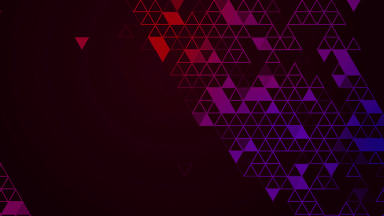 An abstract background with a dark burgundy base overlaid with a diagonal cluster of geometric triangles in deep red and purple shades forming a textured tech pattern. Copy space. Loop animation.