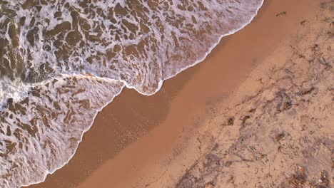 Zeitlupenansicht-Aus-Der-Vogelperspektive-Von-Wellen,-Die-An-Der-Sandigen-Küste-An-Einem-Karibischen-Meeresstrand-Brechen