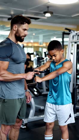 a man is helping a young boy with a weight lifting exercise