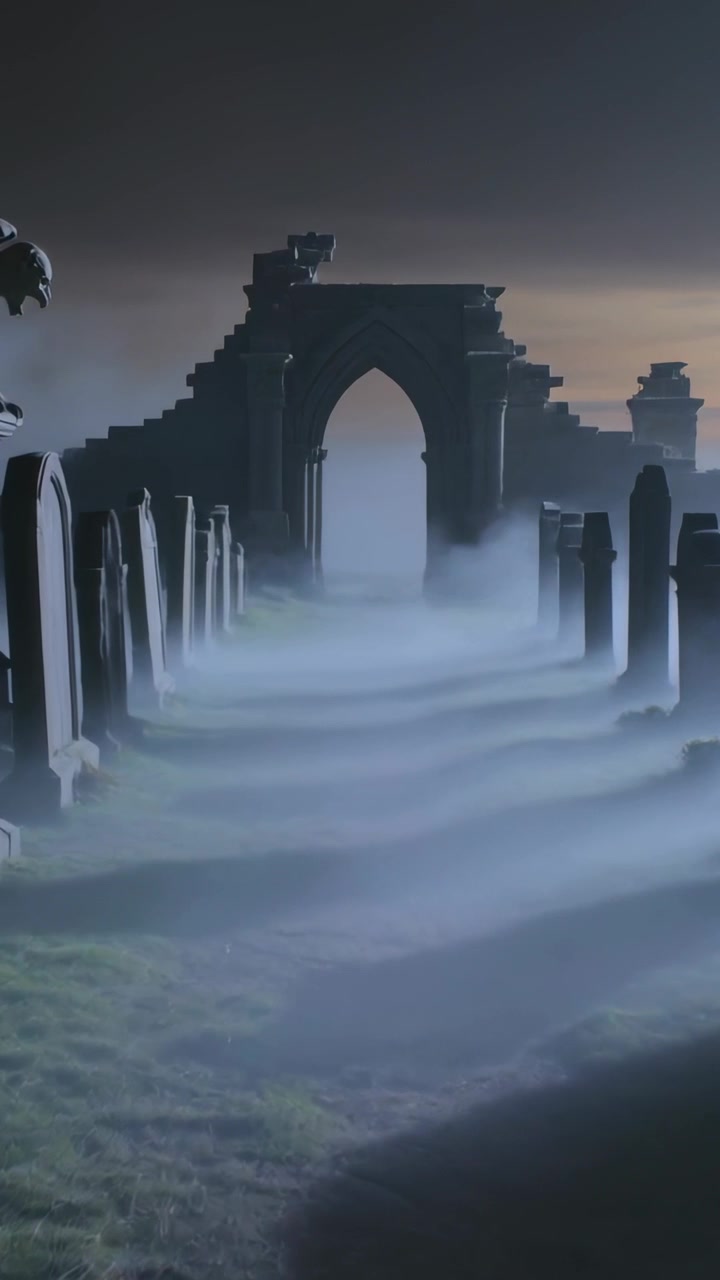 Video verticale: Nebbia che si sposta lungo un sentiero di sepoltura oltre le pietre verso un arco in rovina che mostra un gargoyle