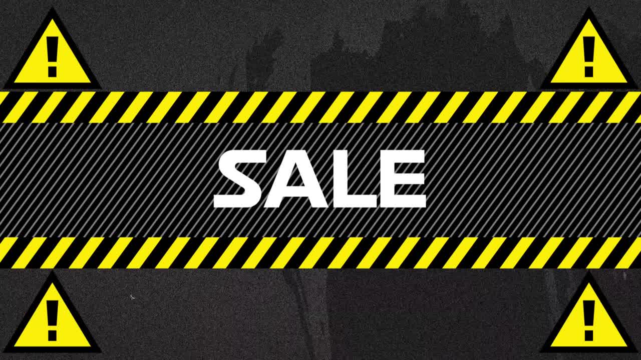 경고 노란색과 검은색 테이프와 경고 삼각형 위에  ⁇ 색으로 판매 텍스트의 애니메이션