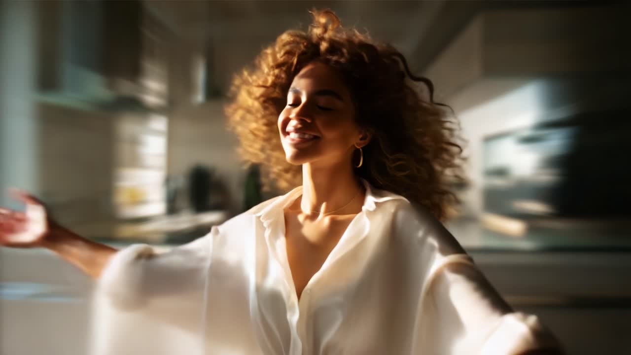 Joyful Dance and Expression of Freedom: A Woman with Curly Hair Twirling in a White Shirt, Capturing the Essence of Happiness in a Bright, Lively Kitchen Atmosphere