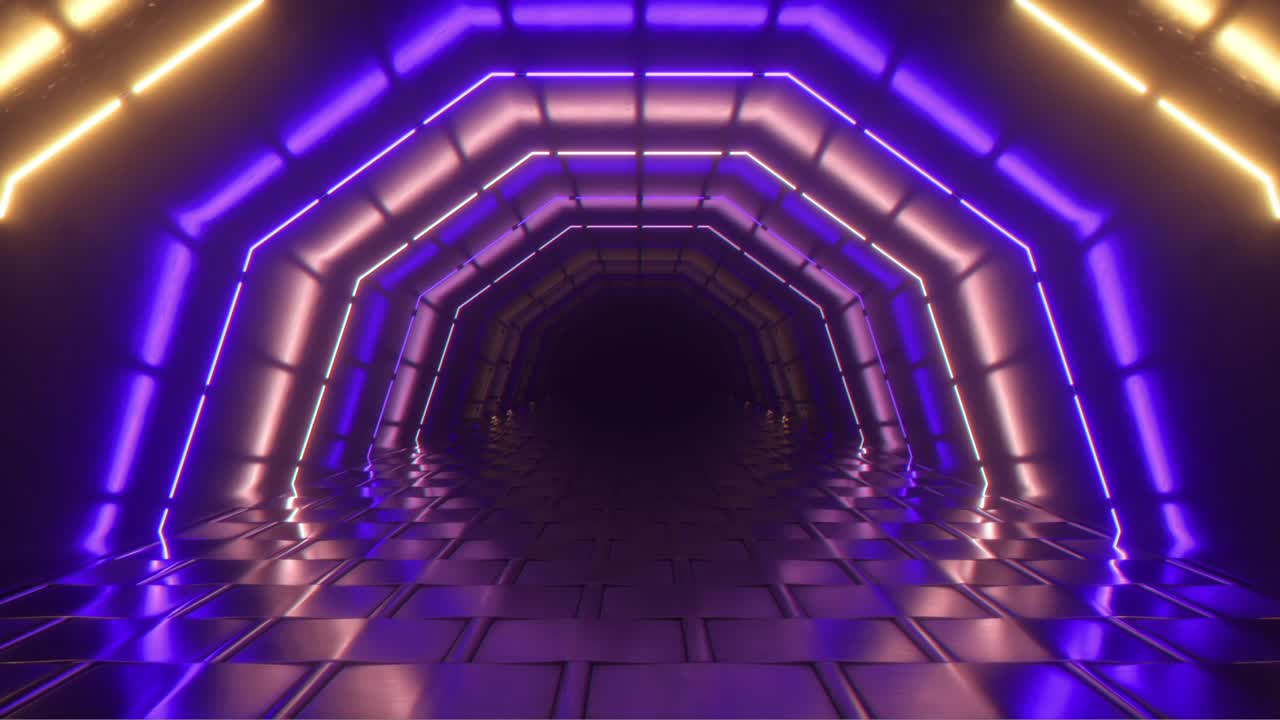 volando en un brillante túnel geométrico de neón. tecnología futura. espectro de colores moderno. interior de la habitación con lámparas fluorescentes de neón brillantes. fondo de arquitectura futurista. bucle de costuras 3d render