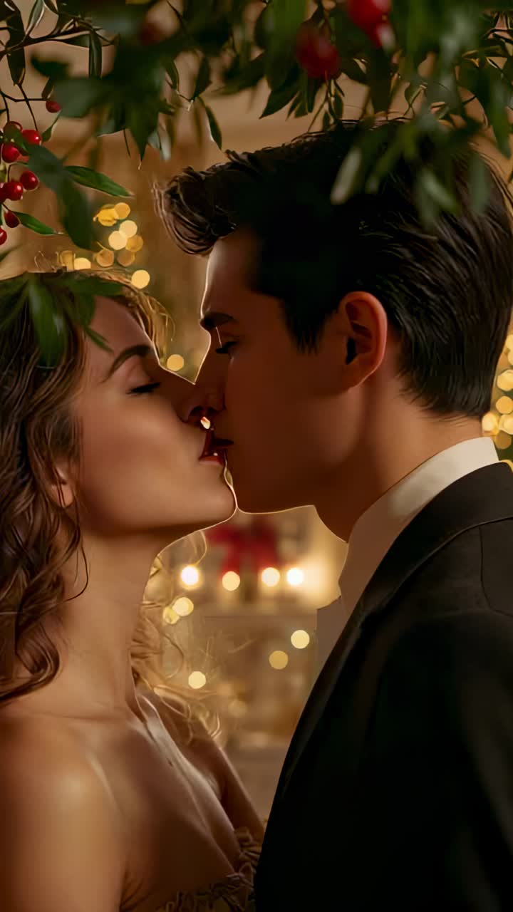 Vertical video: Kissing couple in formal wear prompted by mistletoe at home with lights and candles