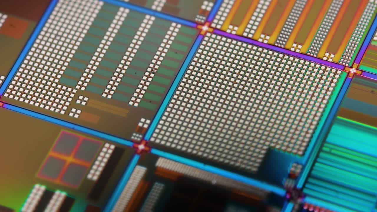 シリコン半導体ホーファーのクローズアップ. 電子学では,ホーファーはスライスまたはサブストラットとも呼ばれ,半導体の薄いスライス,結晶性シリコンで,集積回路の製造に使用されます.