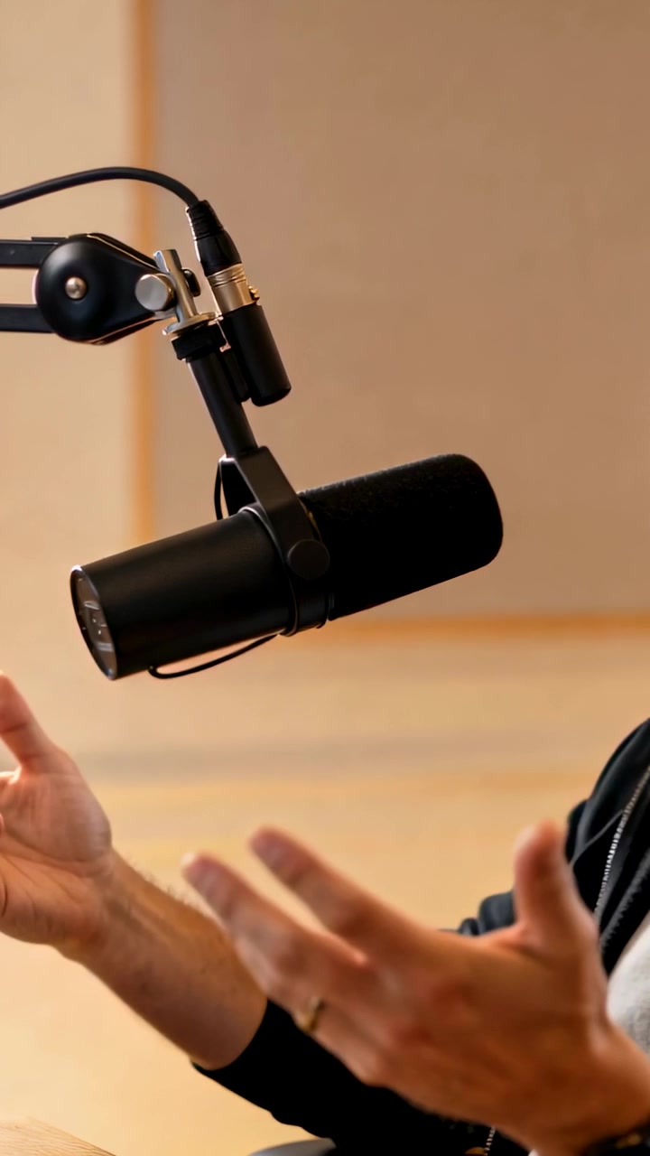 Podcaster speaking, hands gesturing around boom mic, emphasizing points, ring and watch visible