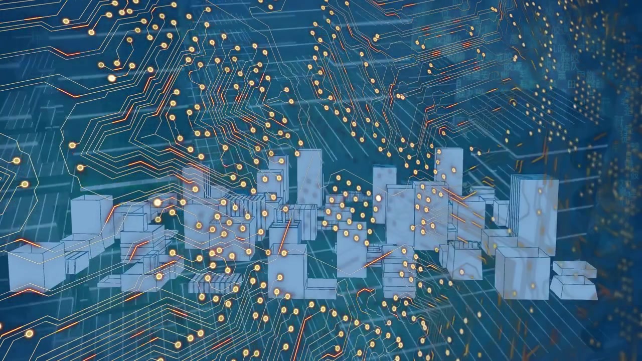 Animation of integrated circuit over metaverse city on blue background