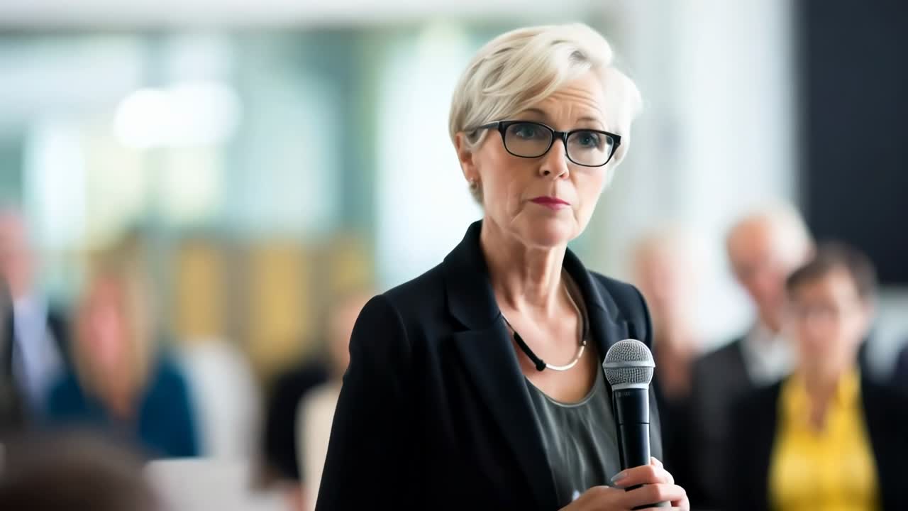 Eine professionelle Frau spricht in ein Mikrofon, aufgenommen aus einer Untersicht-Perspektive