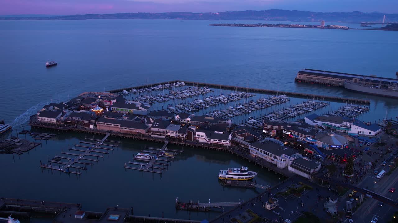 San Francisco USA. Aerial View of Pier 39, Embarcadero and Bay in Twilight