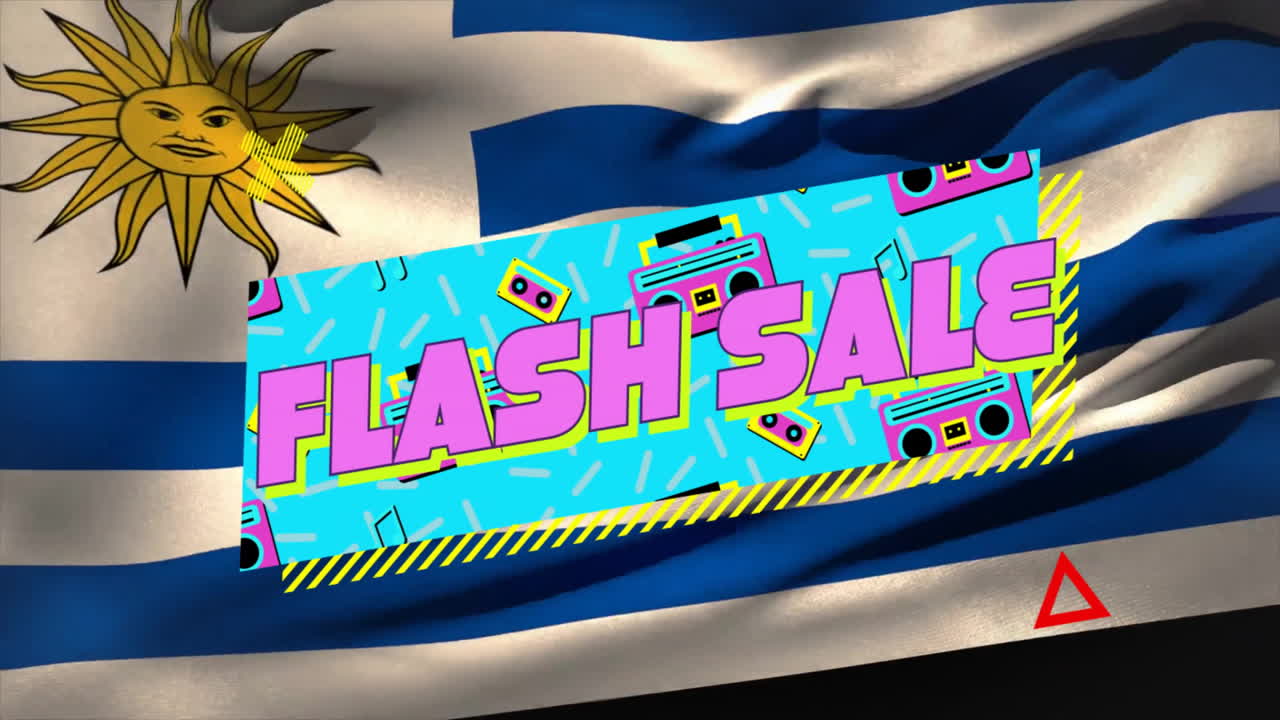 Flash Sale text with retro graphics overlay on Uruguay flag animation