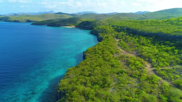 Ripresa in dolly con drone lungo la costa caraibica di San Juan, Curaçao, in una splendida giornata di sole