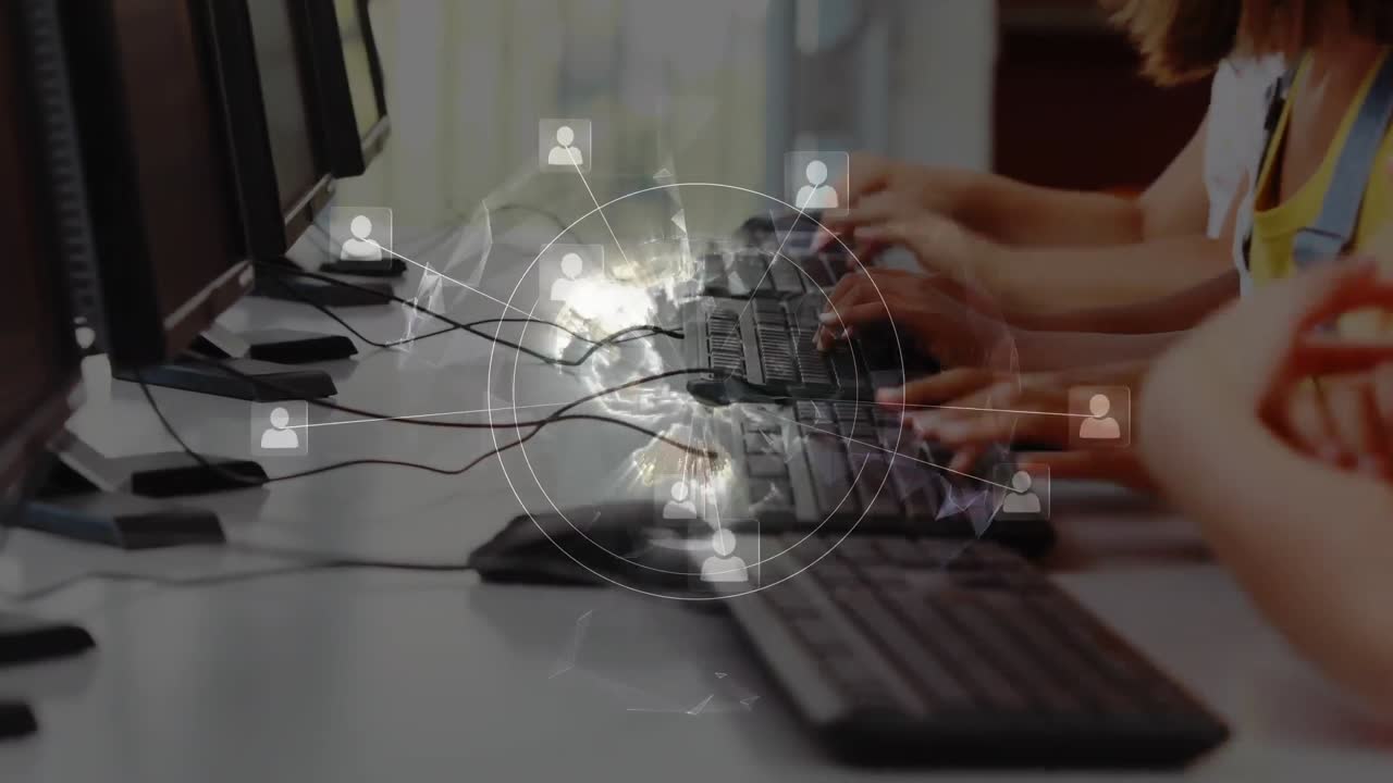 컴퓨터를 사용하는 학교 학생들을 통해 연결 네트워크의 애니메이션