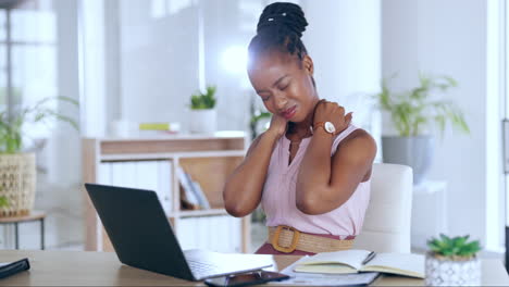 Neck-pain,-laptop-and-black-woman-in-office