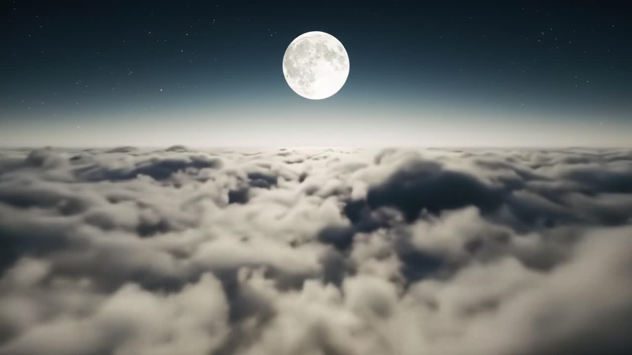 Bulan purnama yang memukau menerangi langit malam, memancarkan cahaya lembut di atas awan-awan halus di bawahnya. Suasana damai mengundang kontemplasi tenang dan kekaguman akan keindahan alam.