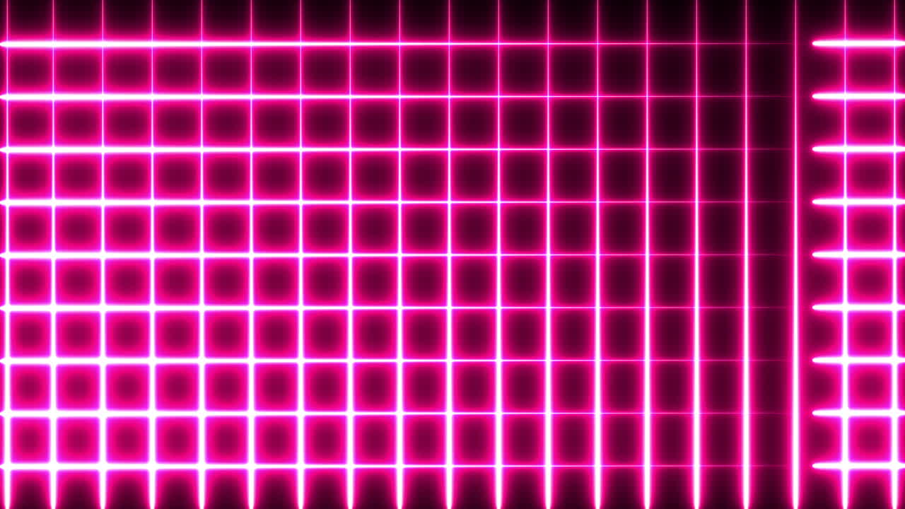 검은색 배경에 끊임없는 루프로 움직이는 반 ⁇ 이는 네온 빨간색 사각형 메시의 애니메이션