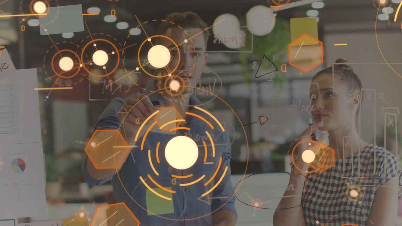 Man tapping hub starting orange HUD alignment, woman moving sticky notes on glass board for design