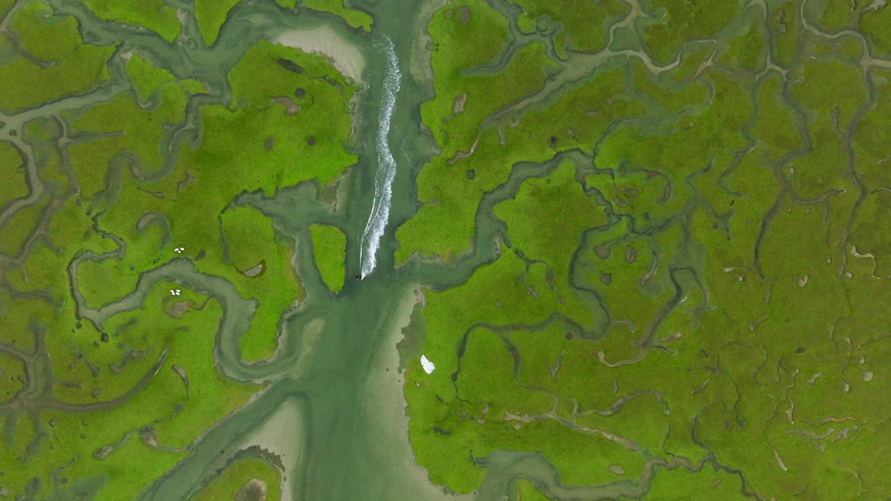 vista aérea de un estuario de pantano con un barco