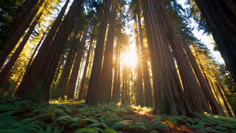 la luz del sol filtrándose a través de un bosque de sequoias